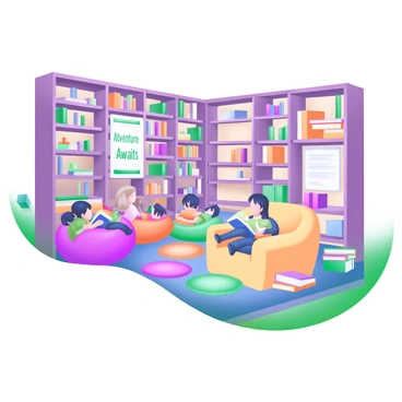 A cozy library interior with children sitting on colorful bean bags and reading books. The library is filled with tall, wooden bookshelves packed with various books. Soft, warm lighting illuminates the space, creating a welcoming atmosphere. Some children are sitting cross-legged on the floor, while others are nestled in cozy nooks, deeply engaged with their stories. A few plush rugs are scattered around, adding to the comfort of the environment. A small reading corner features a bright, oversized armchair with a stack of books beside it. "Adventure Awaits" is written on a poster hanging on the wall.