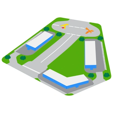 A detailed diagram of an airport runway system showcasing multiple runways. The runways are shown in a grey color with white dashed lines indicating the centerline. There are several taxiways connecting the runways to various terminals. The taxiways are depicted in a lighter shade of grey and feature arrows to indicate direction. Two terminals are illustrated, each with large glass windows and distinct shapes. Surrounding the terminals are areas designated for parking with colorful airplanes, and green spaces featuring small trees and bushes.