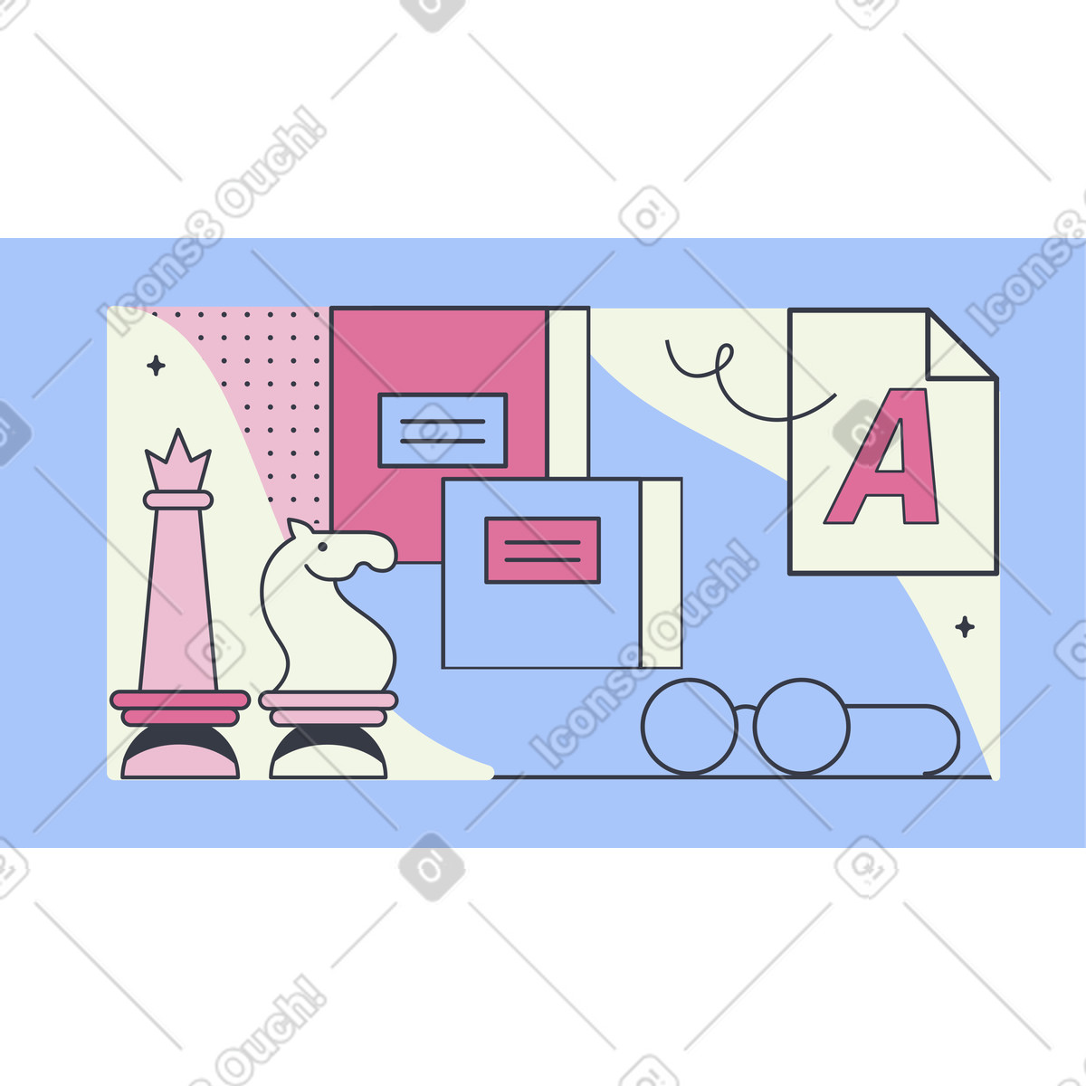Chess pieces, textbooks, and glasses, Critical thinking in education illustration in Abstract style download in PNG, SVG