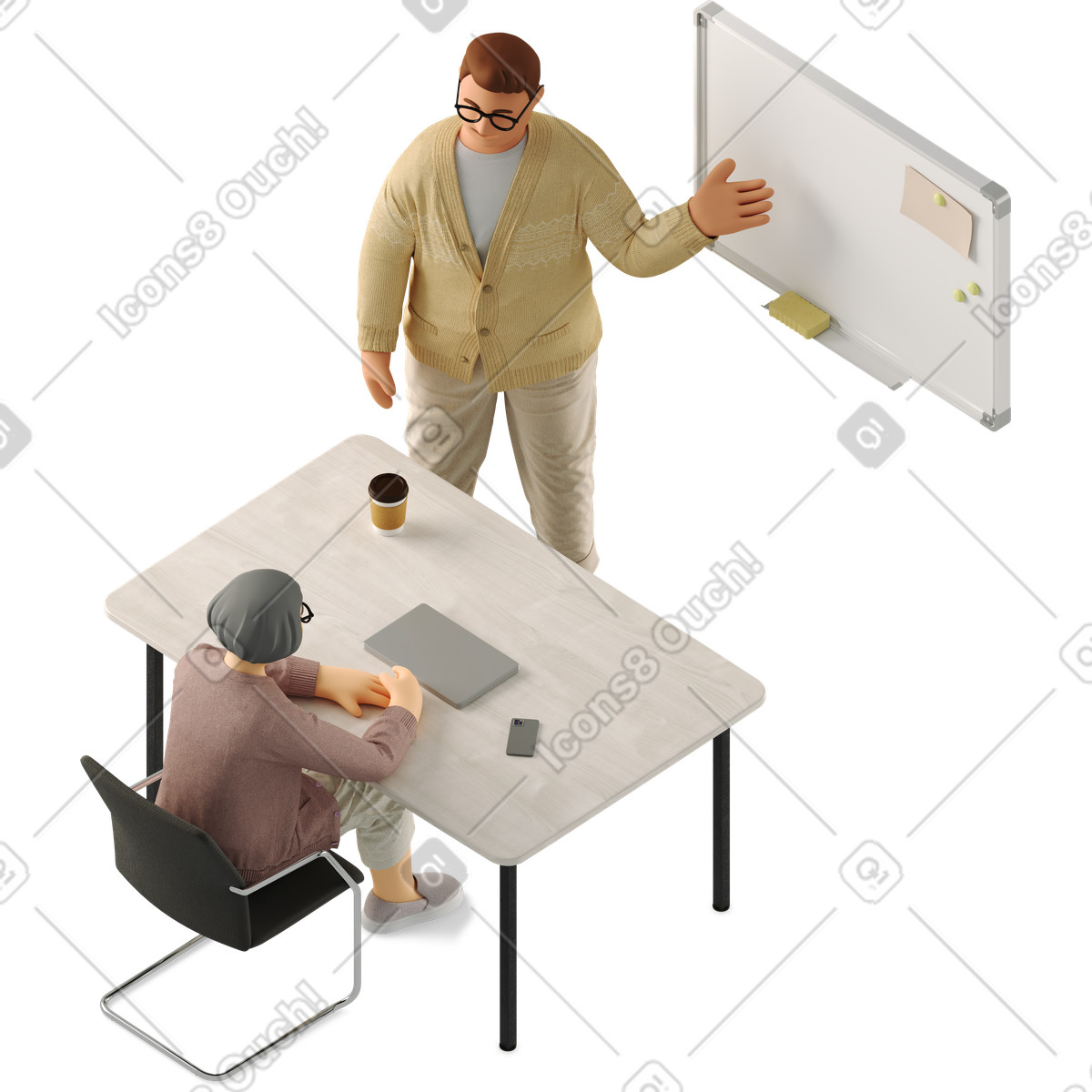 Two people discussing a work project illustration, featuring clipart graphics and vectors