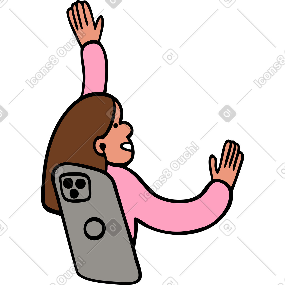 Frau steigt aus einem telefonbildschirm-Illustration im Comic-Stil als Download in PNG, SVG