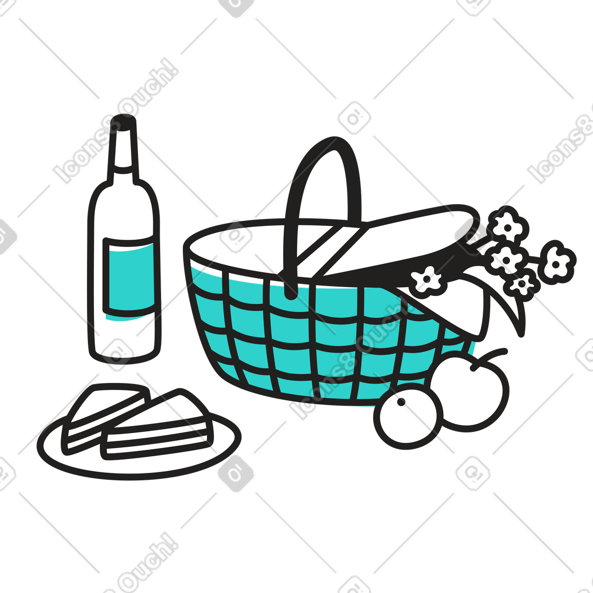 Picknickkorb mit weinflasche und kuchen-Illustration im Little-Stil als Download in PNG, SVG