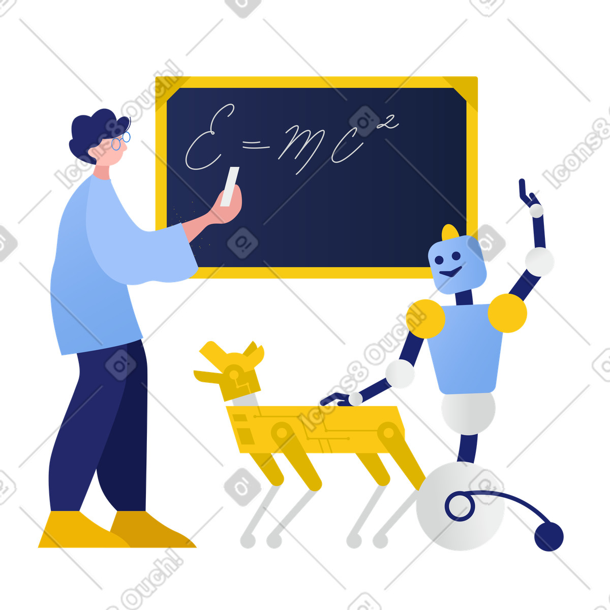 下载 Clip 风格的 一名男子在教机器人和机器狗 插画，支持 PNG、SVG 格式