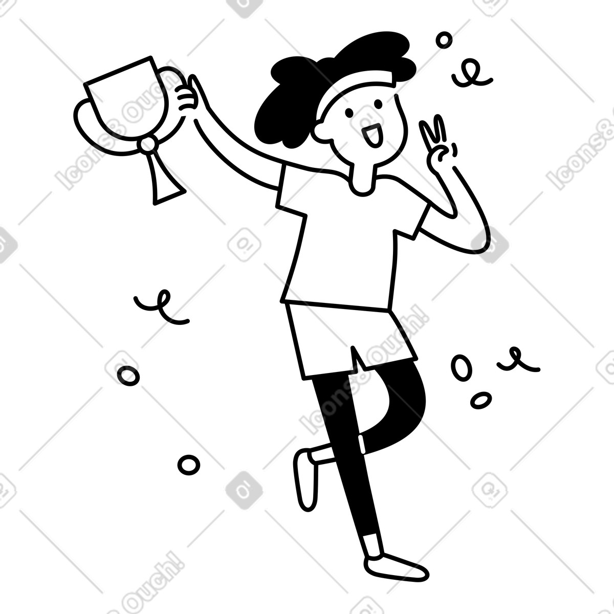 Notion Line Art 스타일의 Trophy winner celebrating victory with peace sign and confetti around 일러스트레이션 PNG, SVG 다운로드