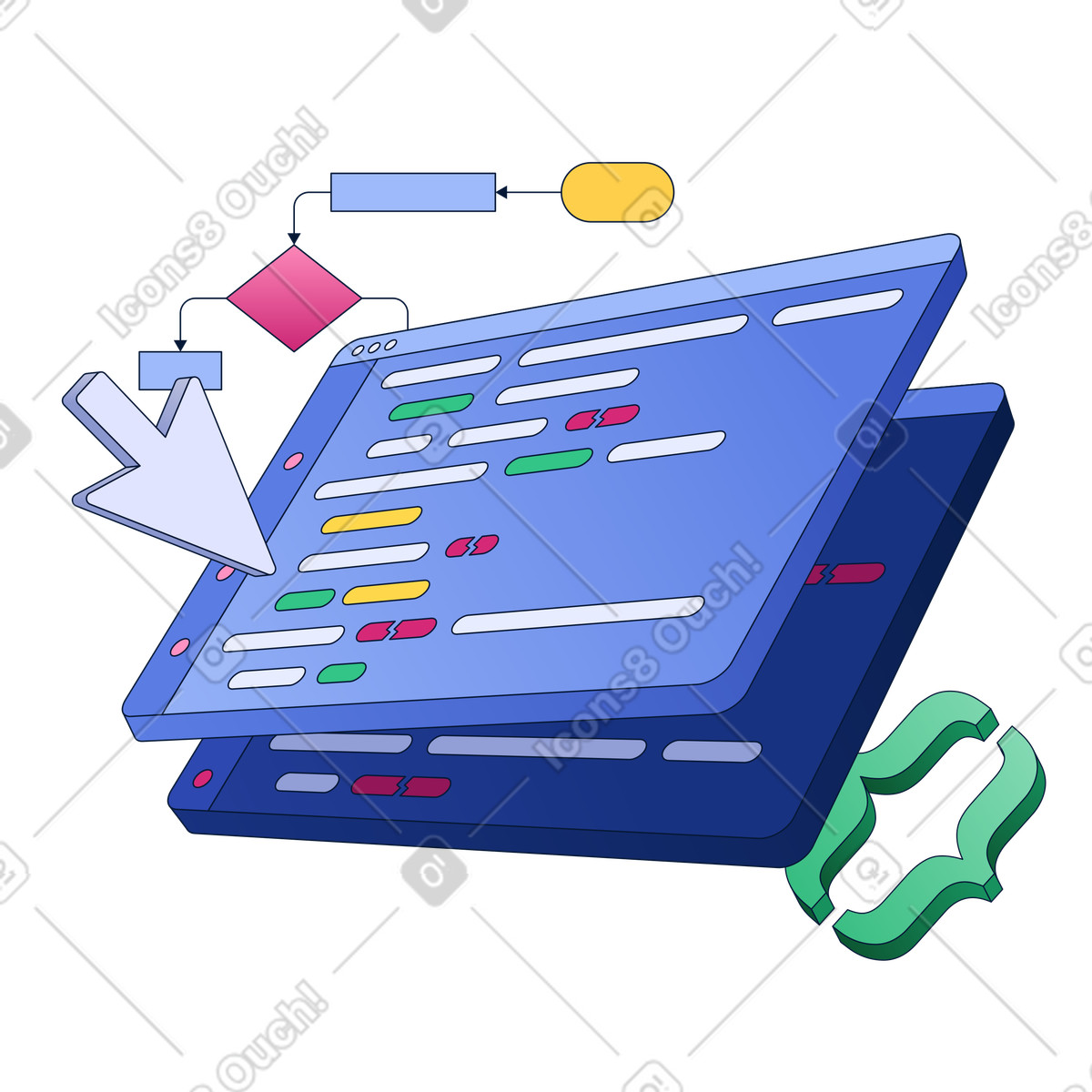 Frames with code, cursor and diagram, Data and Application Workflow Integration illustration in PNG, SVG