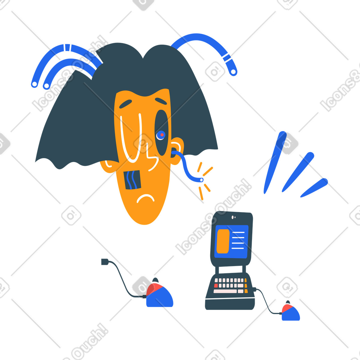 Malfunctioning robot next to a laptop illustration in Kingdom style download in PNG, SVG