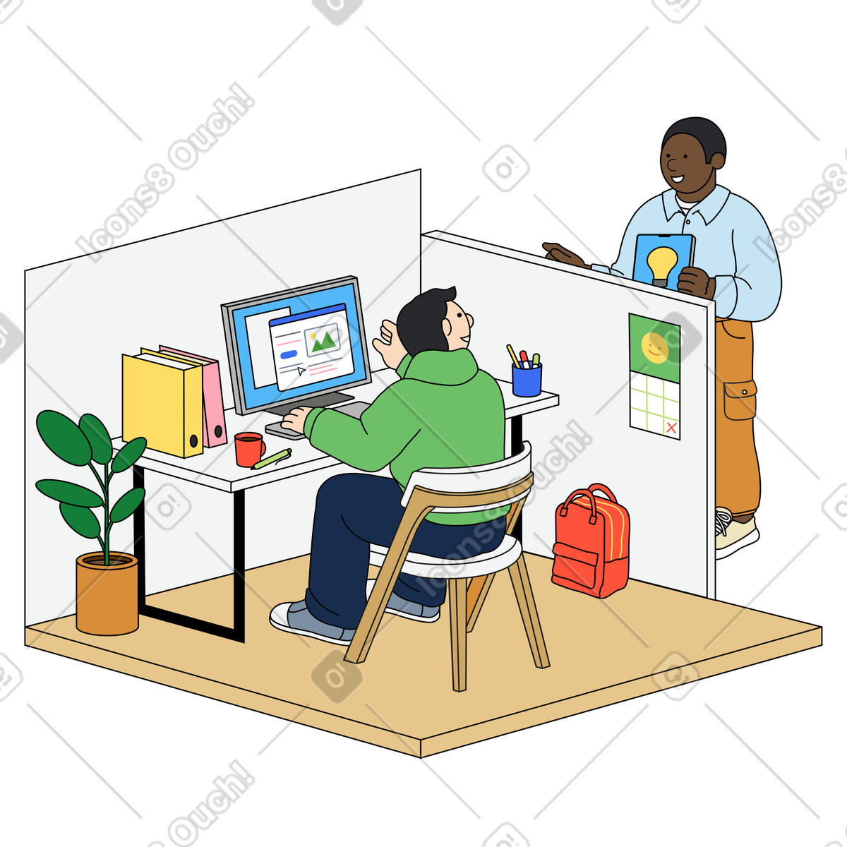 Colleagues discussing ideas for project illustration discussion clipart image in PNG SVG GIF