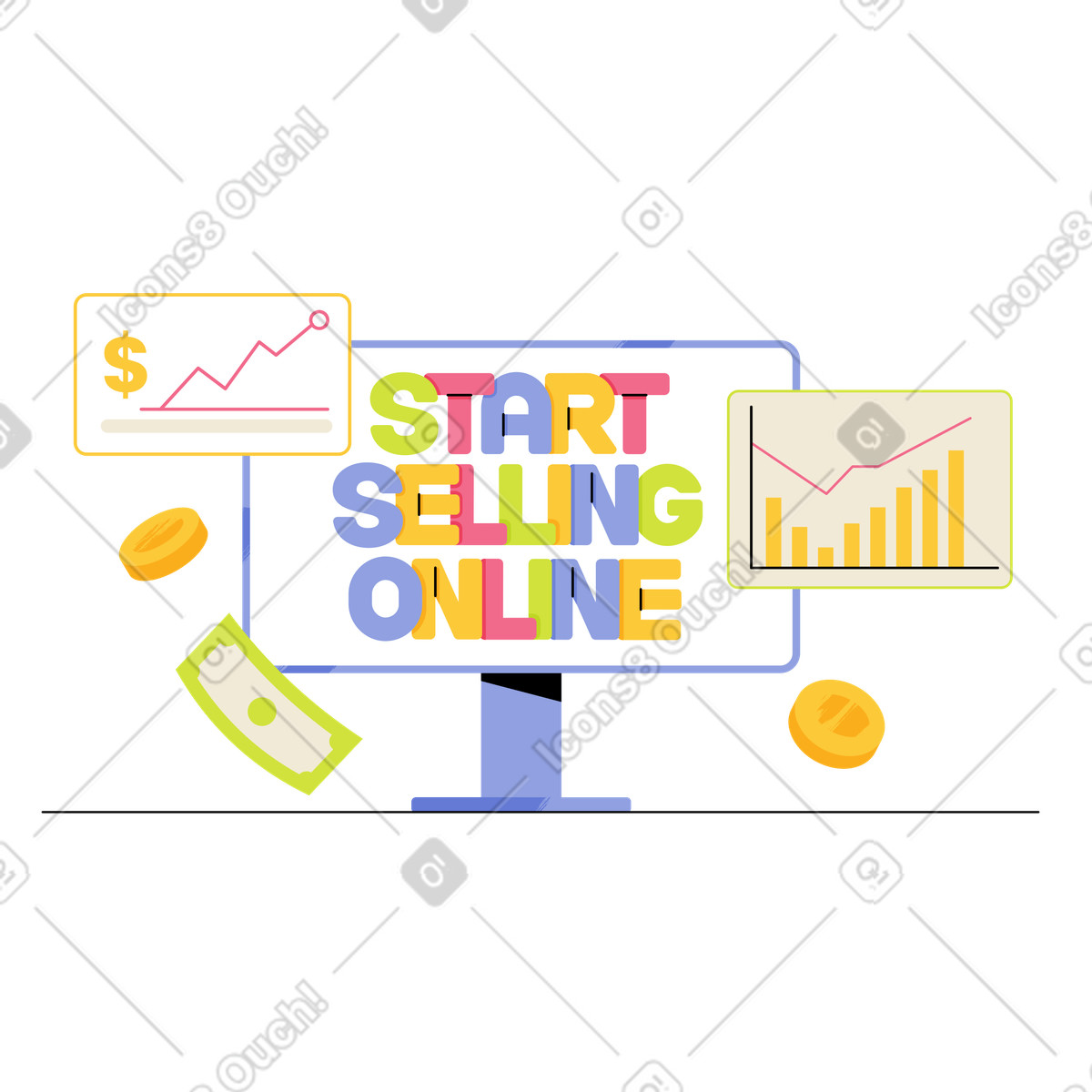 Ilustración Lettering start selling online en pantalla con monedas y tablas de crecimiento estilo Juicy a descargar PNG SVG