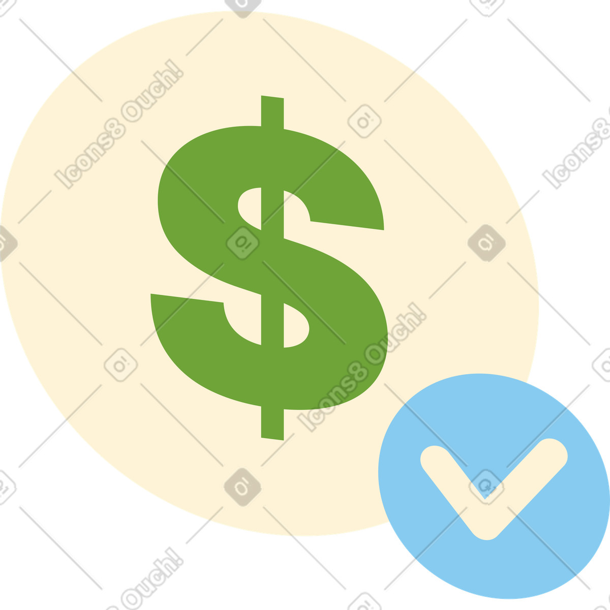 Illustration Icône dollar avec une coche dans le style Catchy à télécharger aux formats PNG, SVG