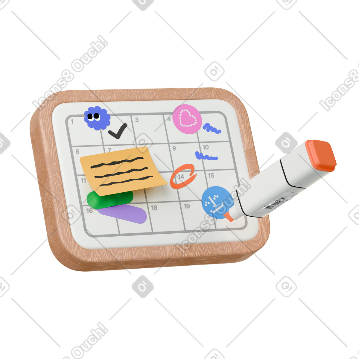 Marking whiteboard monthly calendar illustration in 3D Stickle style download in PNG, SVG