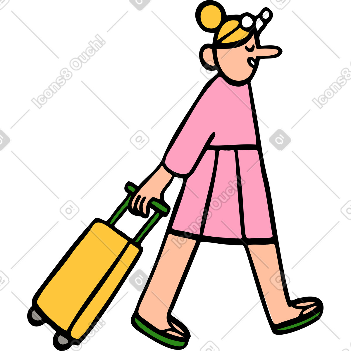 Frau in einem rosa kleid geht mit gepäck-Illustration im Comic-Stil als Download PNG, SVG