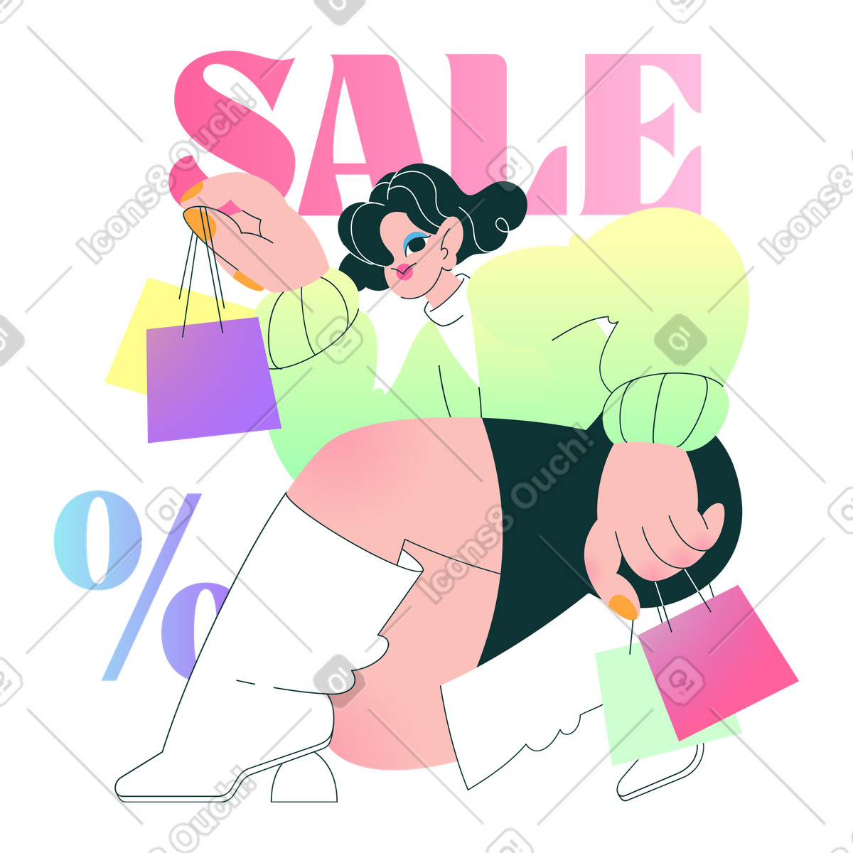 Ilustración Shopaholic holding shopping bags and Sale lettering, Retail promotion or discount en estilo Florid a descargar en PNG y SVG