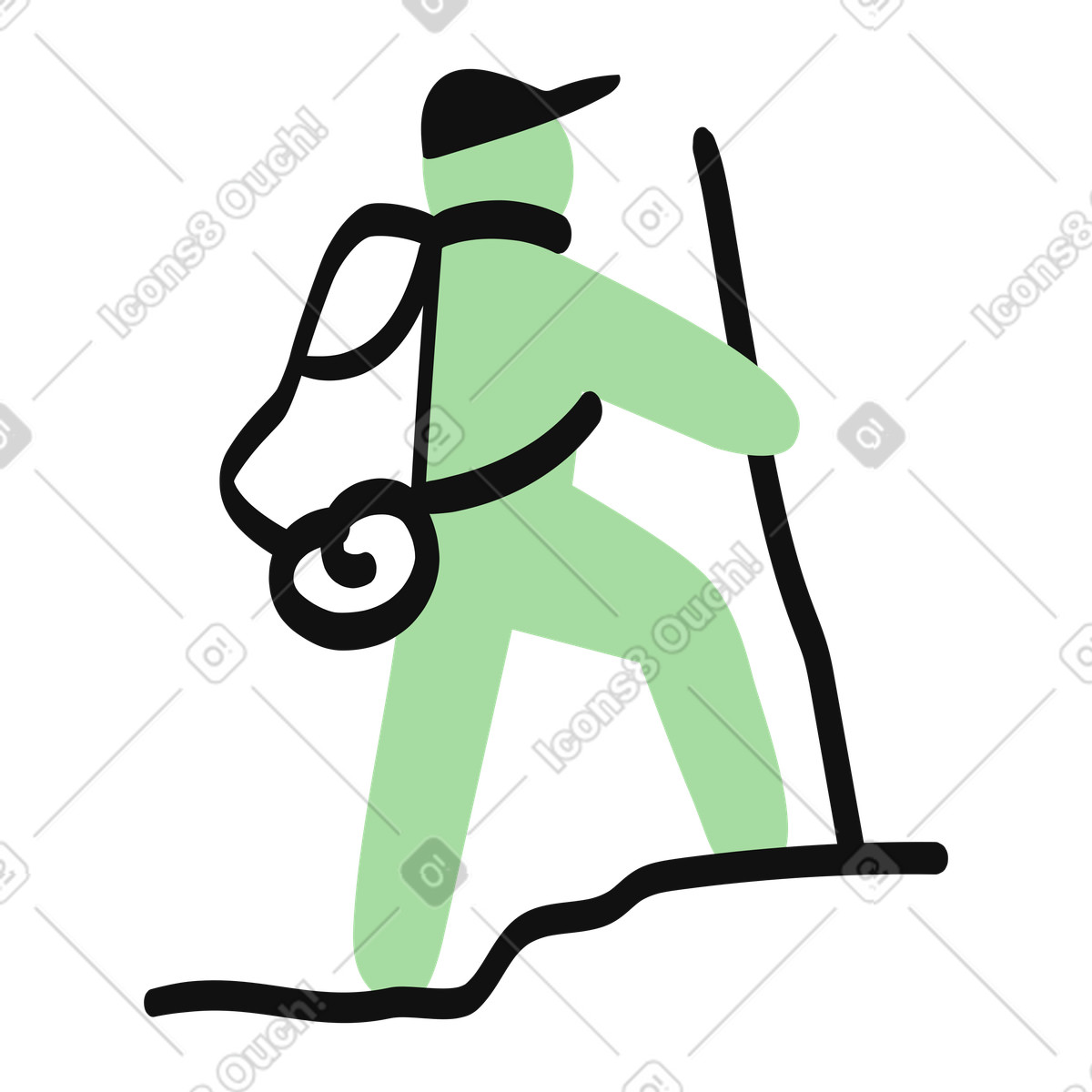 Illustration Backpacker climbing mountain path carrying sleeping bag and walking stick dans le style Organic à télécharger aux formats PNG, SVG