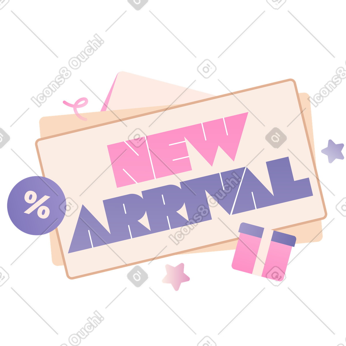 Ilustración Letras ¡nueva llegada! con descuento y caja de regalo en estilo Coworking a descargar en PNG SVG