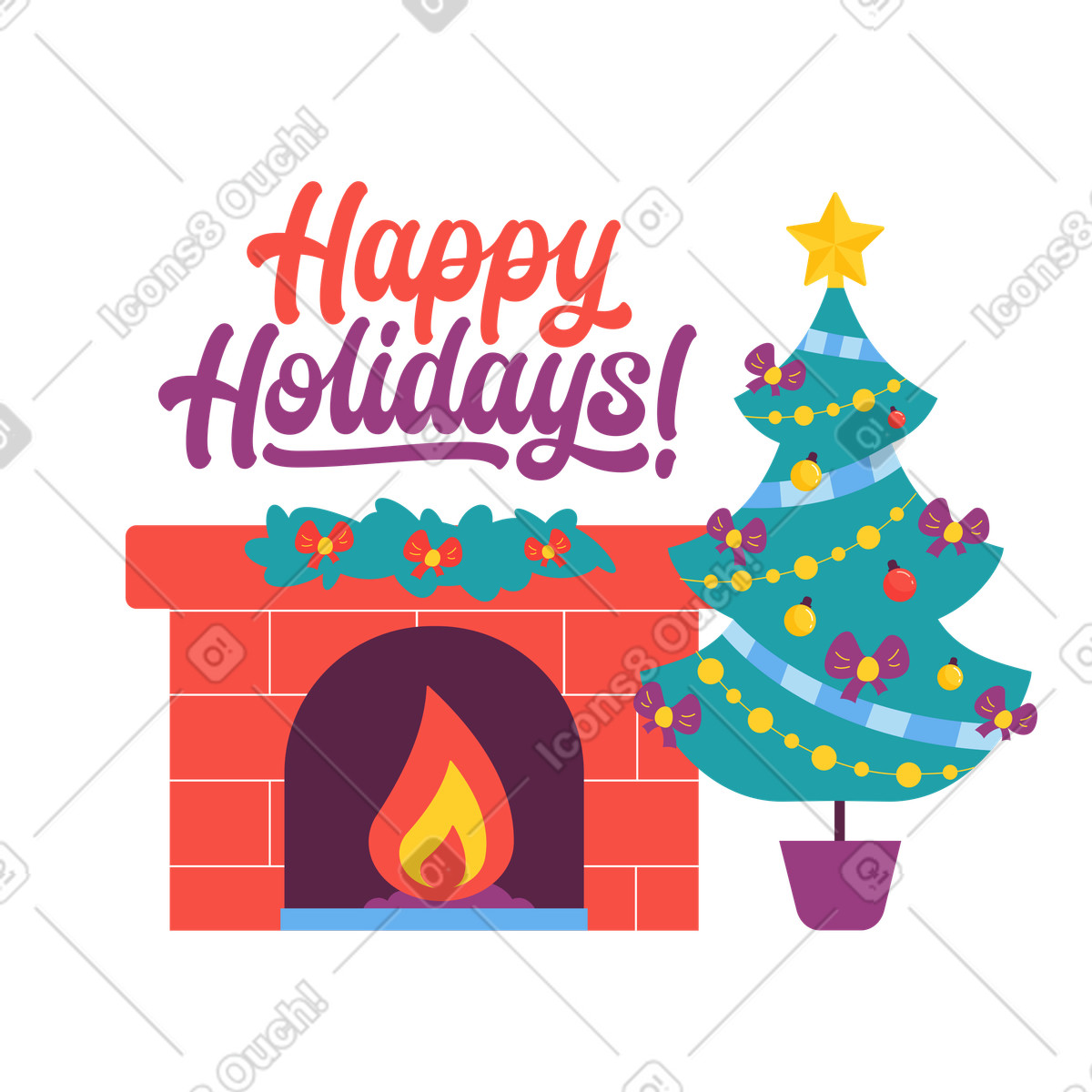 Ilustración Decorated Christmas tree by fireplace, Happy Holidays wishes en estilo Sammy a descargar en PNG y SVG