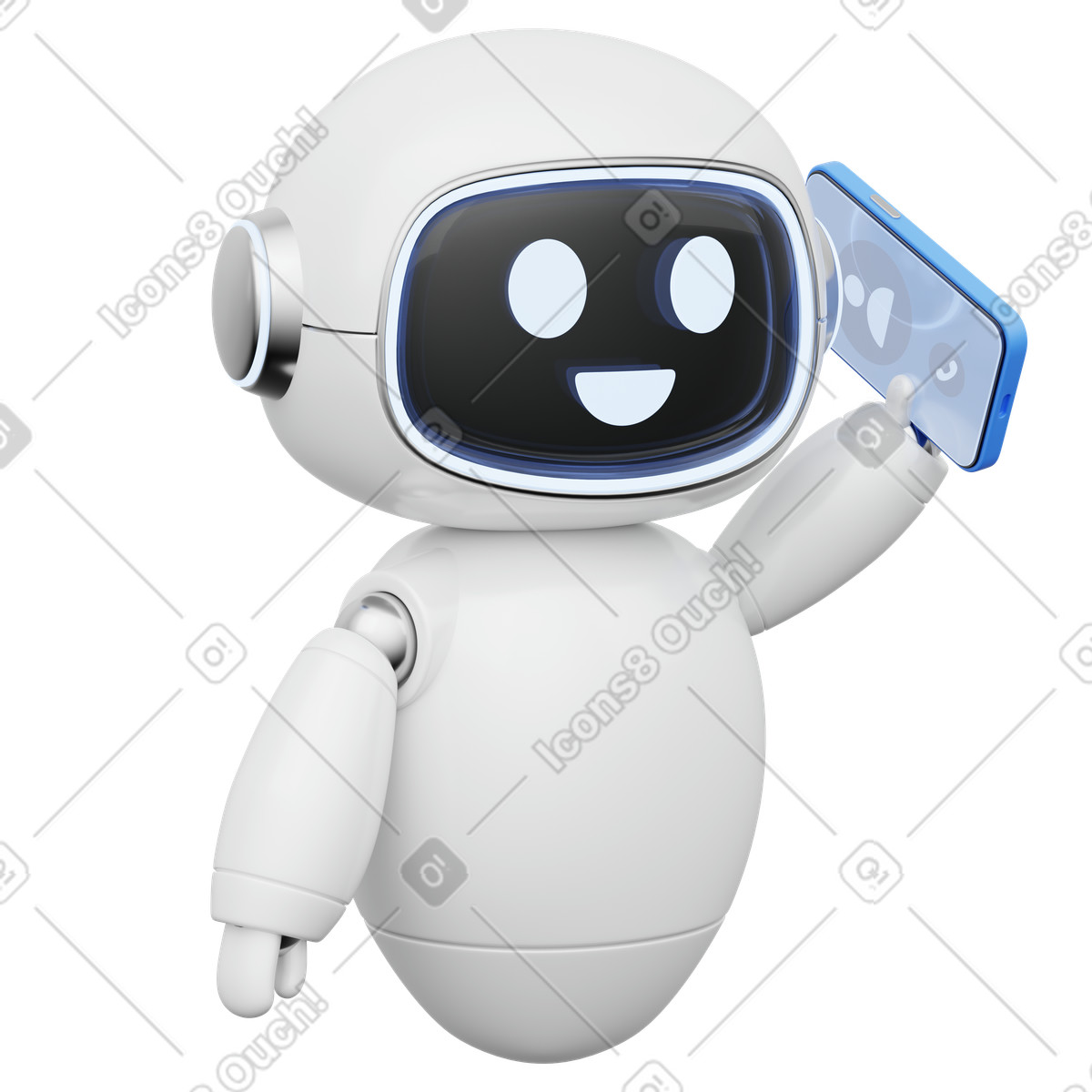AI assistant robot holding smartphone for mobile support illustration in 3D Playful style download in PNG, SVG