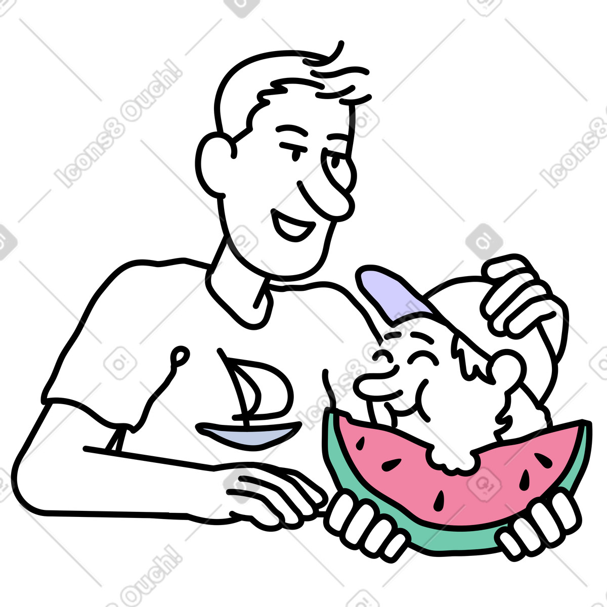 Ilustración Hombre y su hijo comiendo una sandía en estilo Notes a descargar en PNG SVG