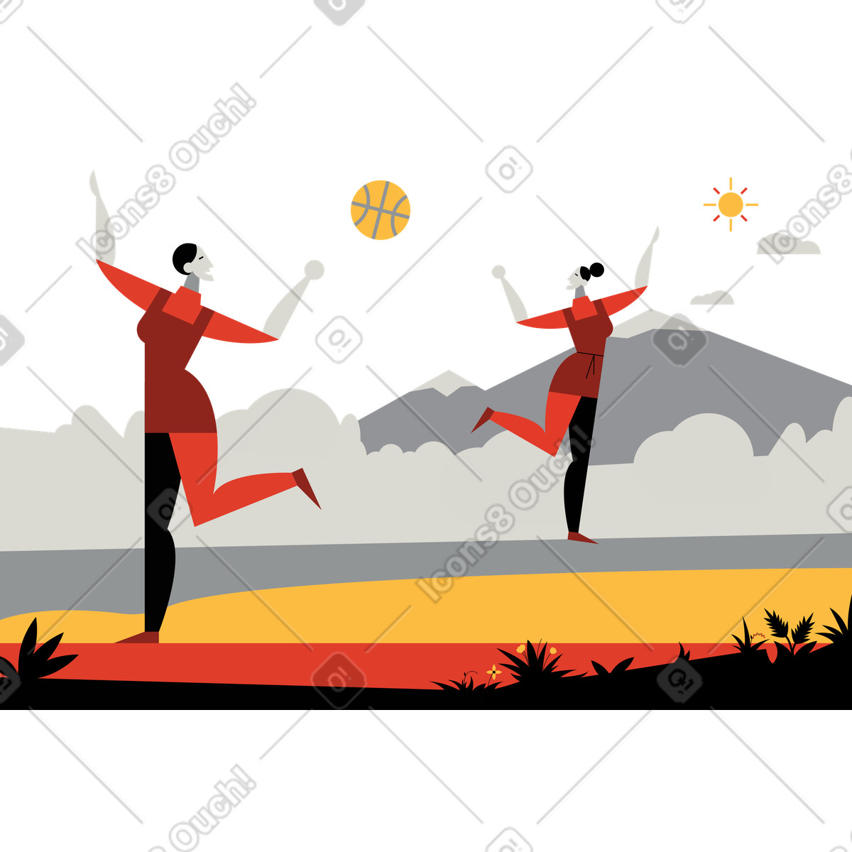 Illustration Des gens jouent avec un ballon à l'extérieur dans le style Burgundy télécharger aux formats PNG, SVG