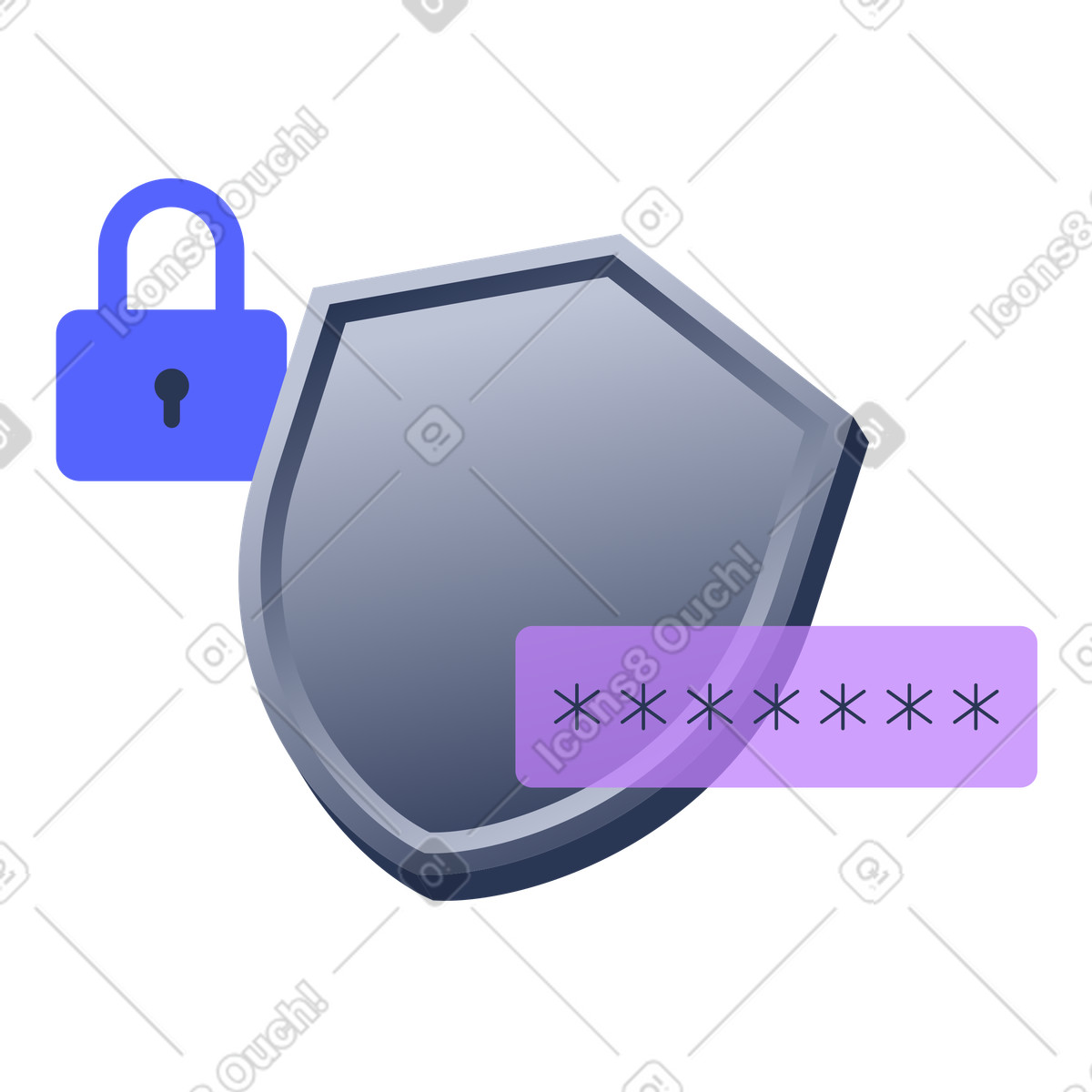 Password protection with shield and padlock illustration in PNG, SVG