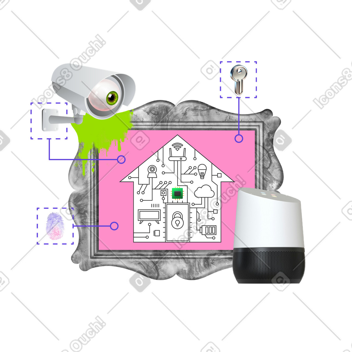 Ilustração de Casa inteligente com câmera vigilância e dispositivos inteligentes em no estilo Jumble para baixar em PNG, SVG