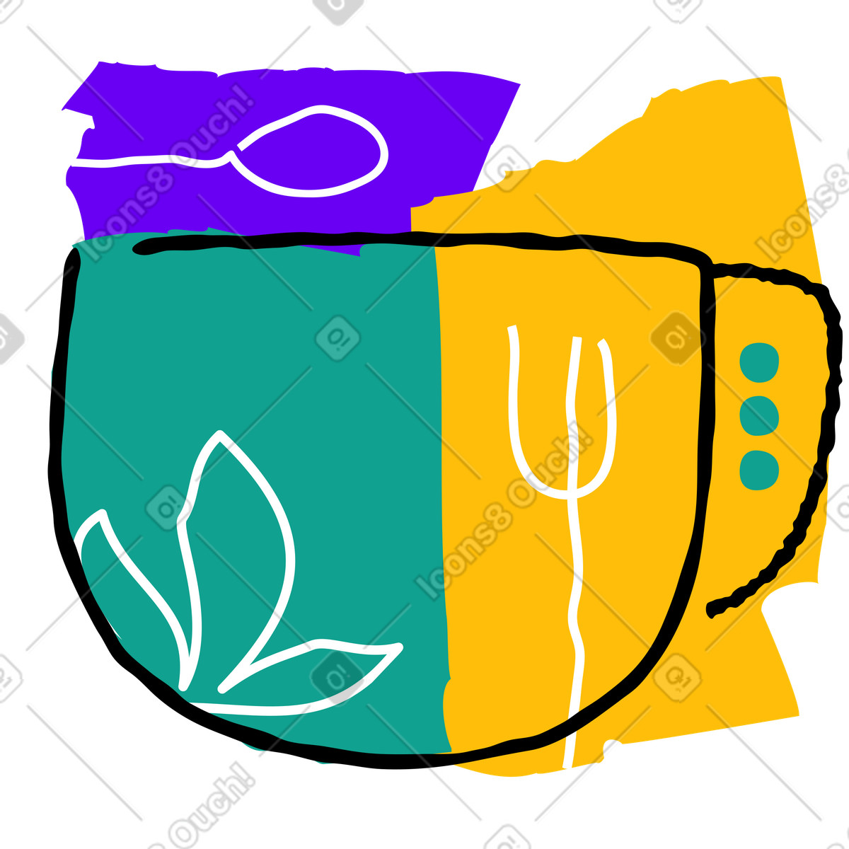Vegan cafe sign with cup, fork, spoon and a plant illustration in Puzzle style download in PNG, SVG