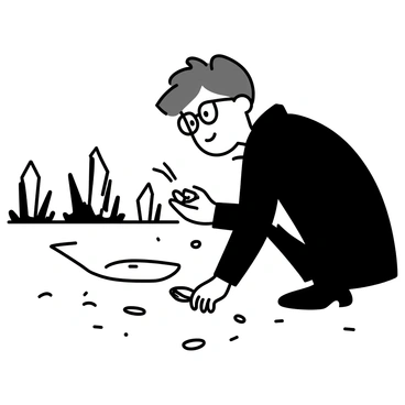 A detective with glasses, wearing a dark trench coat, is crouching down to examine a clue on the ground at a crime scene. The ground is littered with leaves and debris, and a faint outline of a chalked body can be seen nearby. The detective is focused on a small piece of evidence, perhaps a broken watch, held in his gloved hand. Behind him, dimly lit shadows hint at silhouettes of trees, adding to the atmosphere of mystery.