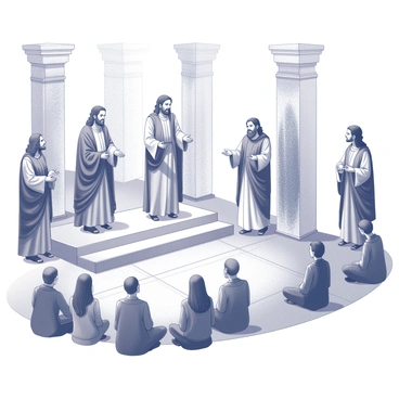 A group of apostles is engaged in teaching within a spacious temple courtyard. They stand on a raised platform, with several of them gesturing as they speak. The apostles wear traditional robes, each featuring distinct patterns and textures. Below them, an attentive audience is gathered, consisting of men and women of various ages, some sitting cross-legged and others standing, all focused on the teachings being shared. The architectural details of the temple are visible, with tall columns and ornate decorations surrounding the courtyard, creating an atmosphere of reverence and learning.