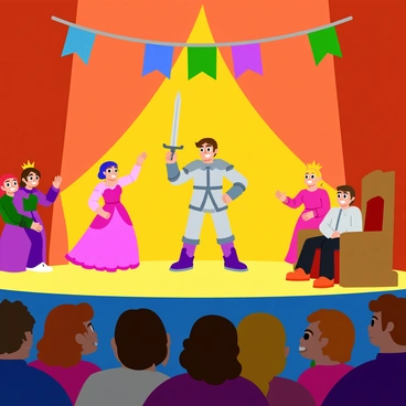 A medieval-themed stage is set with colorful banners hanging from the backdrop. On the stage, children are dressed in costumes, some wearing shiny silver armor that reflects light, while others are adorned in vibrant, flowing dresses resembling princesses. One child holding a shiny sword stands heroically at the center, striking a brave pose. Nearby, a child wearing a crown sits on a small throne made of wood, pretending to rule over the kingdom. The audience in the foreground is filled with delighted faces, watching the performance with excitement. The lighting casts a warm glow over the entire scene, highlighting the imagination and joy of the children.