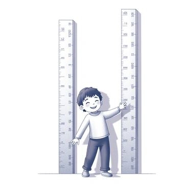 A wall with a series of measuring marks that indicate different heights. Each mark shows a different measurement, with dates written next to them to show the passage of time. In front of the wall, a child stands with a noticeable increase in height as they grow. The child has a joyful expression, wearing casual clothing. The scene captures the essence of growth and the passage of time, with the child positioned next to the most recent mark.