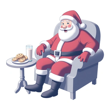 A classic Santa Claus in a red suit is sitting in a cozy armchair with wooden armrests. The armchair is upholstered in a warm fabric, with a patterned design. Beside him on a small table is a plate of cookies, each cookie perfectly round and with a glossy finish. A glass of milk stands next to the plate, reflecting the light. Santa's white beard is fluffy and well-groomed, and his expression is cheerful as he looks down at the treats, creating a warm and inviting atmosphere.