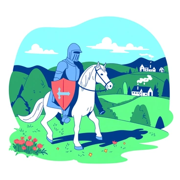 A blue knight in shining armor is riding a majestic white horse through a vast green countryside. The knight holds a red shield adorned with a silver emblem in one hand while the other hand gently rests on the horse's mane. Rolling hills and vibrant wildflowers surround them, with a clear blue sky overhead dotted with a few fluffy clouds. In the distance, a quaint village with small houses and smoke curling from chimneys can be seen, framed by a line of tall green trees.