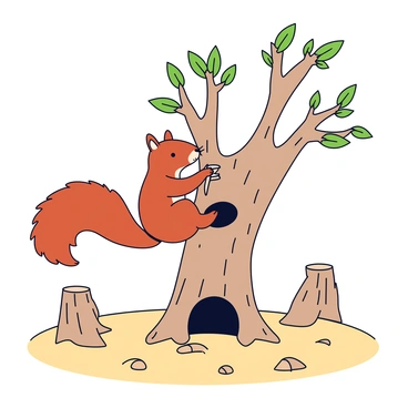 A brown squirrel with a bushy tail is actively gathering twigs and leaves to build a nest in a hollow section of a remaining tree. The tree has rough, textured bark and is one of the few left standing in a landscape that shows signs of deforestation. The ground around the tree is barren, with scattered stumps and patches of dry earth. In the background, the absence of trees is evident, creating an open, cleared area where sunlight directly hits the ground.