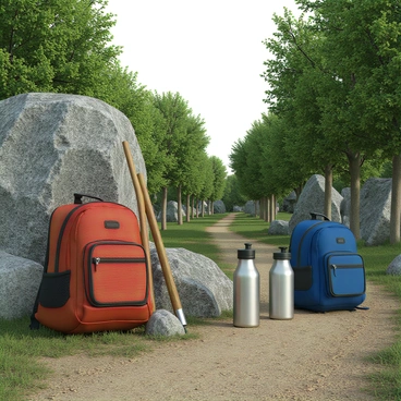 A scenic view of a hiking trail surrounded by lush green trees and rocky terrain. There are two backpacks resting on the ground, one is red and the other is blue, both with multiple pockets. Leaning against a large boulder are two walking sticks made of wood, their surfaces smooth and natural. Nearby, two water bottles, one clear and the other insulated with a silver finish, stand upright on the trail. The path winds through the landscape, inviting hikers to continue their journey.