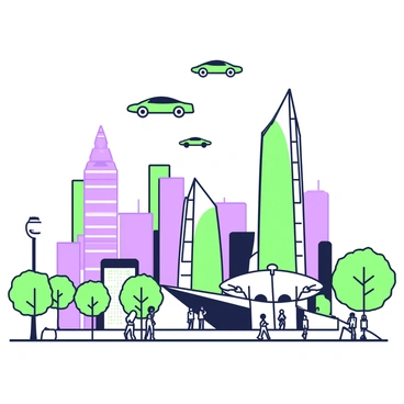 A modern cityscape featuring sleek skyscrapers of various heights and designs. The buildings are made of glass with reflecting surfaces. In the sky, multiple flying cars are visible, moving in different directions. The foreground includes a broad avenue lined with small trees and streetlights. Pedestrians on the sidewalk are seen looking up at the flying vehicles. The skyline showcases a variety of architectural styles, including some buildings with sharp angles and others with curved edges.