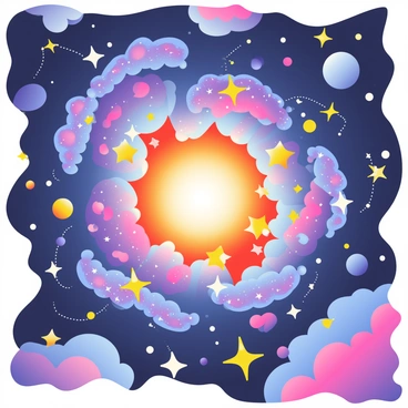 A vibrant galactic storm is unfolding in the vastness of space. Swirling clouds of bright purple, blue, and orange nebulae twist and turn, creating a dynamic display of color. Numerous stars of varying sizes are scattered throughout the scene, shining brightly against the dark backdrop of space. Some stars appear as glowing orbs, while others are twinkling points of light. The energy of the storm creates a sense of movement, with the nebulae appearing to spiral and flow around the stars, enhancing the cosmic atmosphere.