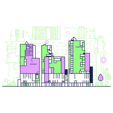 A series of architectural plans are displayed, showcasing the initial designs for the World Trade Center. The plans include detailed floor layouts, elevations, and sections. Each design features a grid layout indicating the placement of structural columns, elevators, and stairwells. Annotations in green and purple outline various elements, such as the building's height and façade details. In the background, there are rough sketches demonstrating the surrounding area, including roadways and other buildings, all with the same green-and-purple outline style.