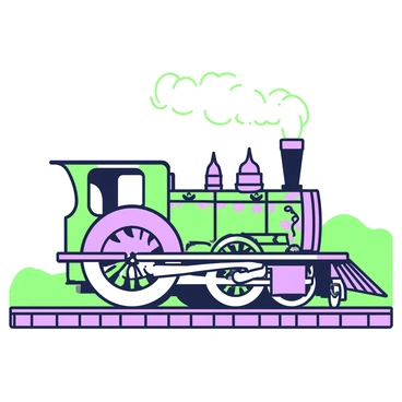A vintage steam locomotive is positioned on a railway track, showcasing intricate art nouveau detailing on its exterior. The locomotive features ornate curves and flowing lines, embellished with floral patterns and decorative motifs. The front of the locomotive has a prominent smokestack, with steam billowing upward. The wheels, large and spoked, are designed with similar artistic detailing. In the background, there are distant hills and a clear sky, complementing the historic ambiance of the scene.