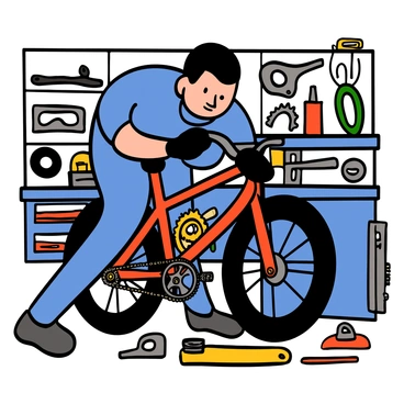 A mechanic with light skin and short dark hair is carefully tuning the gears of a high-end racing bike. He is wearing a blue work shirt and black gloves. The bike has a sleek design with vibrant colors and intricate components. The mechanic is focused, bending slightly over the bike, adjusting the gears with tools in his hands. The garage is filled with various bike parts and tools, highlighting a professional atmosphere dedicated to bike maintenance.