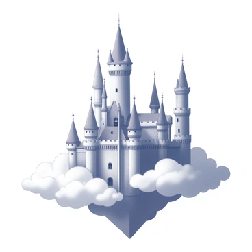 A castle is suspended in the clouds, featuring multiple tall towers that extend upward. The towers are intricately designed, with spires and battlements adorned with decorative elements. Fluffy clouds surround the castle, creating a soft, billowy atmosphere. The structure is majestic, with a grand entrance and various levels, each showcasing different architectural details. The scene conveys a sense of height and wonder, emphasizing the castle's lofty position among the clouds.