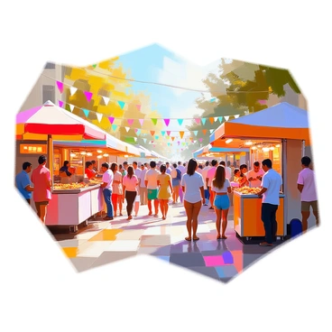 A vibrant street festival taking place in Atlanta, filled with colorful food stalls offering a variety of dishes. Each stall is decorated with bright banners and vibrant canopies. The street is bustling with diverse crowds of people, including families, friends, and couples, all enjoying the festive atmosphere. Musicians play lively tunes on a small stage, with a group of dancers performing nearby. The sun casts a warm glow over the scene, highlighting the joyful expressions of the attendees as they sample foods and engage with one another.