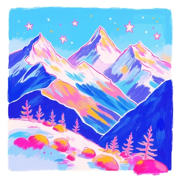 A landscape features snow-capped mountain peaks towering in the background. In the sky, multiple "star spren" are hovering, each emitting a soft, radiant glow. The shimmering effect of the spren contrasts beautifully with the crisp blue of the sky. The mountains are rugged and majestic, with patches of evergreen trees visible on their slopes. The scene captures a sense of magic and wonder, with the sparkling lights of the star spren enhancing the beauty of the mountainous terrain.