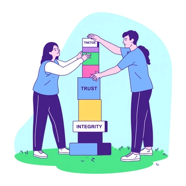 Two individuals are standing on a grassy surface, carefully stacking colorful blocks to construct a tower. One block is labeled "Trust" and is placed at the base of the tower. Above it, there is a block labeled "Integrity," followed by another block that reads "Respect." The individuals are focused on their task, with one person reaching up to position a block while the other stabilizes the structure. The scene is set against a clear blue sky, emphasizing their collaborative effort.