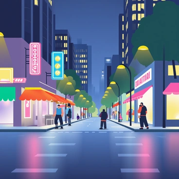 A city street is depicted at night, illuminated by bright streetlights casting a warm glow on the pavement. Neon signs in vibrant colors such as pink, blue, and green are prominently displayed on various storefronts, advertising restaurants and shops. There is a light drizzle, and the wet pavement reflects the colorful lights, creating a shimmering effect. A few silhouettes of pedestrians can be seen walking along the sidewalk, adding life to the scene. Tall buildings loom in the background, their windows glowing softly in the darkness.