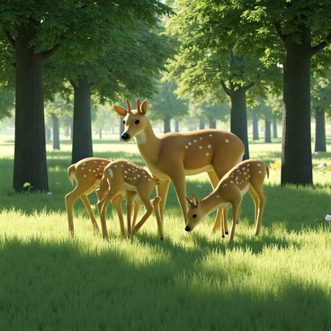 A family of deer consisting of a large doe and two fawns, each with light brown coats and white spots, is grazing on green grass in a forest glade. The doe stands protectively over the fawns, who are playfully nibbling on the grass. Sunlight filters through the leaves of the surrounding trees, creating a dappled pattern on the ground. The trees have thick trunks and lush green foliage, enhancing the serene atmosphere of the scene. In the background, a few wildflowers bloom in various colors, adding to the natural beauty of the glade.