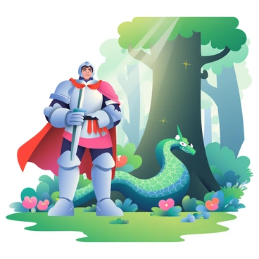 A brave knight facing a mythical beast in an enchanted forest