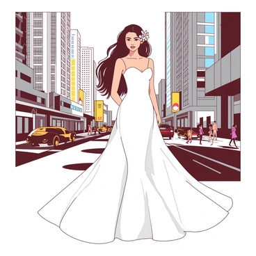 A bride in a sleek, contemporary wedding dress stands confidently in an urban setting filled with tall, glass skyscrapers. She has long, flowing hair adorned with delicate white flowers. The dress features a fitted bodice and a flowing train that gently billows in the wind. In the background, there are busy streets with people and vehicles, showcasing the vibrant life of the modern city. The sunlight casts a warm glow, enhancing the elegance of the bride against the bustling cityscape.