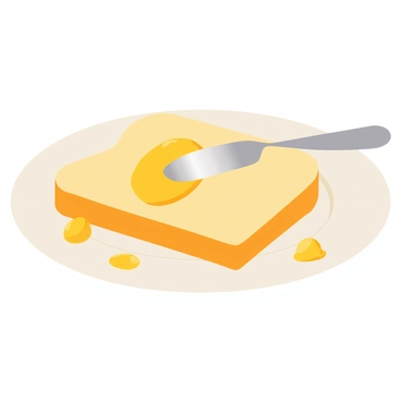 A slice of golden-brown toast with a crispy edge is resting on a white plate. A silver butter knife, gleaming in the light, is being used to spread a thick, creamy layer of bright yellow butter across the surface of the toast. The butter is melting slightly, creating a shiny sheen on top of the toast, and small dollops of butter are positioned around the plate, ready to be used. The scene captures the moment of preparation, highlighting the texture of the crunchy toast and the smoothness of the butter.