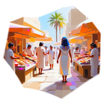 A scene depicting "Cleopatra," the last active ruler of the Ptolemaic Kingdom of Egypt, adorned in elaborate royal attire with intricate patterns and jewelry. She is moving gracefully through a "bustling ancient Egyptian market," where various traders are engaging with customers. Stalls are filled with colorful goods such as spices, textiles, and pottery. Merchants, dressed in traditional garb, are animatedly interacting with patrons, showcasing their wares. The atmosphere is lively, with a backdrop of ancient Egyptian architecture, palm trees, and bustling crowds, all reflecting the vibrant life of the marketplace.