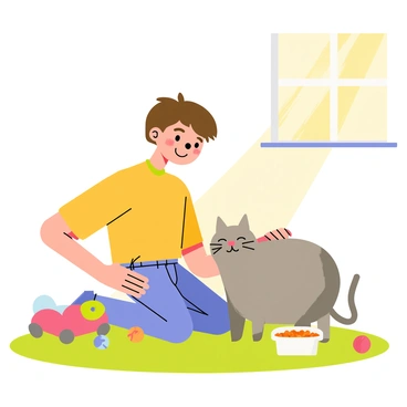 A child with brown hair wearing a yellow shirt is sitting on a green carpet, gently brushing the fur of a fluffy gray cat. The child has a warm smile, showing affection, while the cat appears relaxed, closing its eyes. Nearby, there are colorful toys scattered around, and a small bowl of cat food is positioned next to them. Sunlight streams in through a window, illuminating the scene and creating a cozy atmosphere.