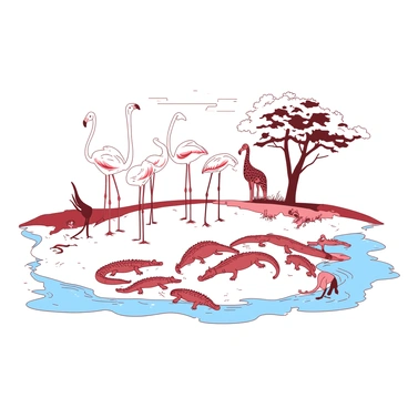 A white sandbank is located in the middle of the Nile River, surrounded by flowing water. Various wildlife is gathered here. A group of tall, elegant flamingos stands on one side, their feathers glistening under the sun. Nearby, a herd of crocodiles sunbathe on the sand, with their scales shimmering in the light. A few gentle giraffes are seen bending down to drink from the river, while a couple of small monkeys play in the branches of a nearby tree. The sky above is bright and clear, casting a warm glow over the entire scene.